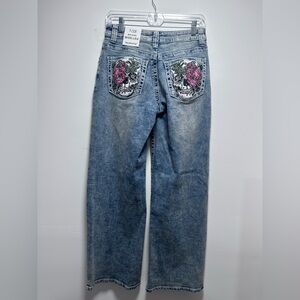 Sky Women's Light Blue Jeans with Embroidered Skull & Pink Rose Pockets